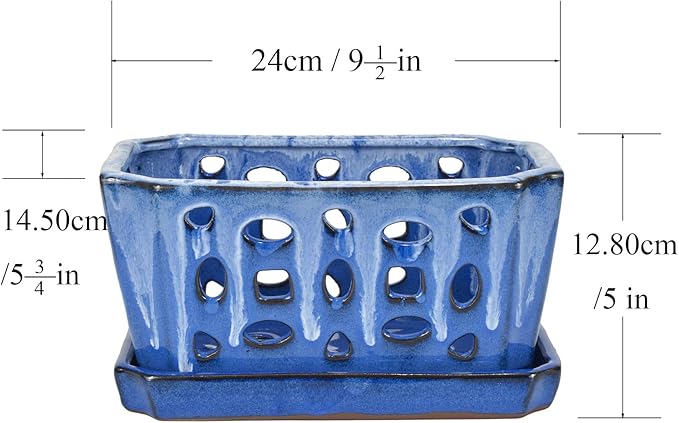W&W Orchid Pot with Holes and Saucer for Repotting, White and Blue, 9.7 Inch