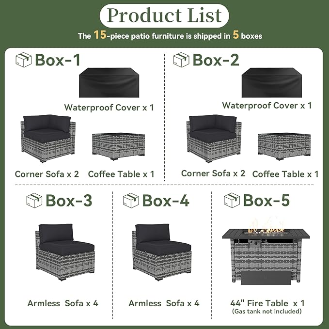 Aoxun 15 Piece Patio Furniture Set with Fire Pit Table Wicker Rattan Outdoor Sectional Sofa Set with Coffee Table and 4” Thickened Cushions, Grey/Black (Waterproof Cover Included)
