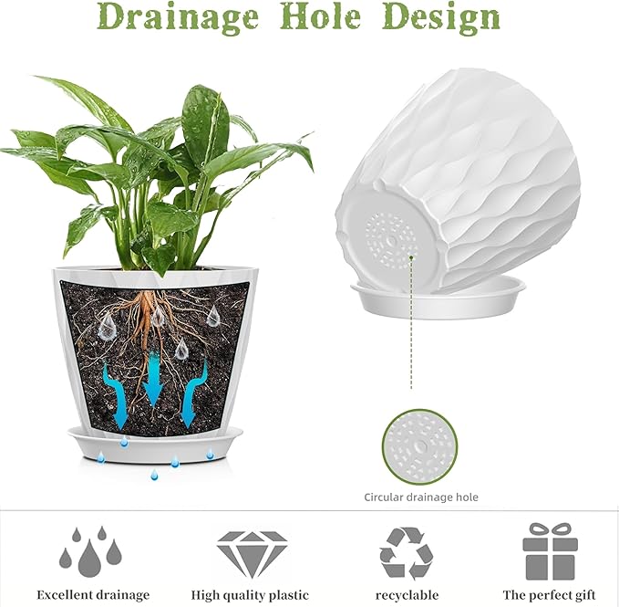 5 Inch Planter Pots, 6 Pack Indoor Planters, Small Flower Pots with Drainage Holes and Tray for Succulents, Orchids, Herbs and Other Indoor Plants (White, 5inch)