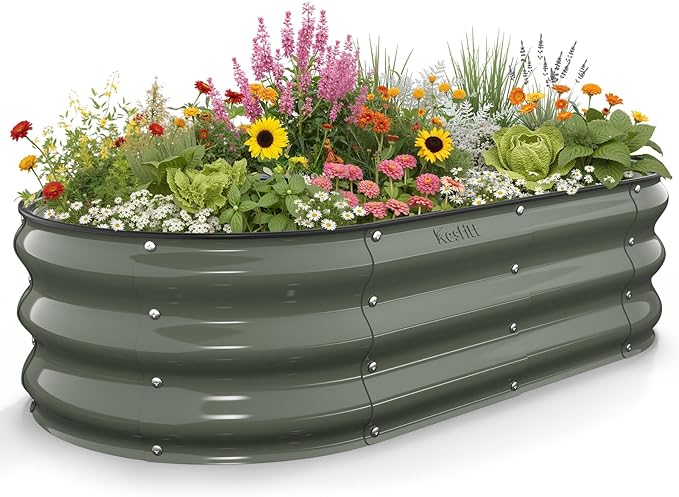 Kesfitt Raised Garden Bed, 4x2x1 FT Galvanized Steel Metal Raised Garden Bed, Oval Open-Bottom Design, 12-Inch Deep for Outdoor Vegetable & Herb Gardening, Volcanic Gray