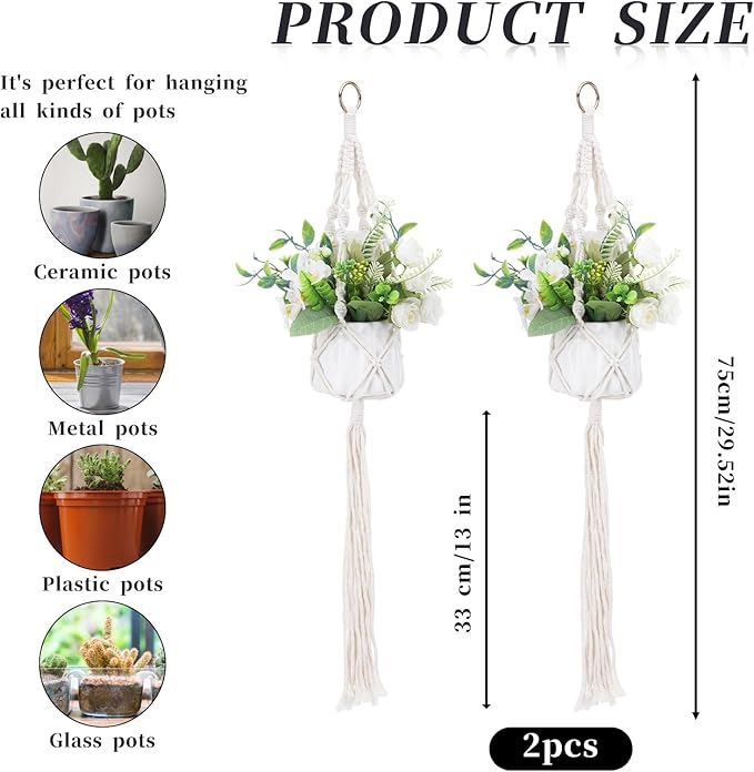 Sliverdew Macrame Plant Hanger, 2 Pack Boho Hanging Planters Baskets with Hooks, Crochet Braided Cotton Rope Flower Pot Holder for Indoor Outdoor Home Decor, No Tassels, Ivory, 20 Inches