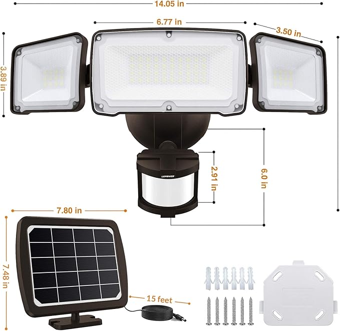 LEPOWER 1600LM LED Solar Security Lights Motion Outdoor, 5500K White Light, IP65 Waterproof Outdoor Flood Solar Light for Yard, Garage（Brown）
