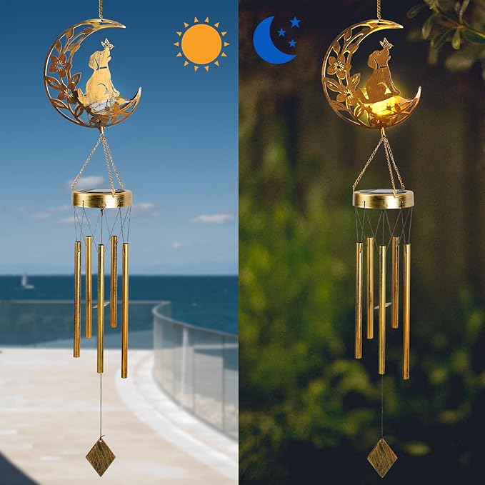 Moon Dog Wind Chime Outdoor, Handcrafted Metal Garden Wind Chimes with Dog & Moon Charms, Soothing Wind Bells for Patio Porch Decor, Weatherproof Gift for Lovers & Pet Owners