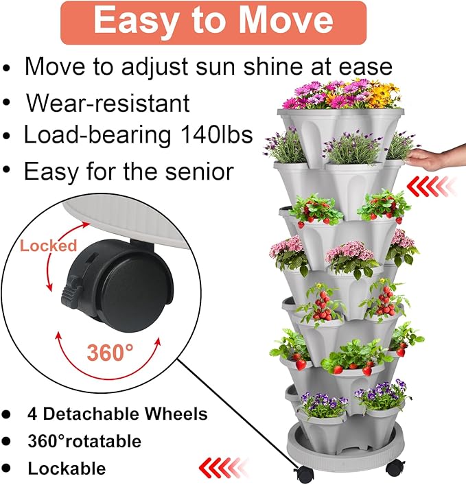 GameXcel Vertical Planter 7 Tier Stackable Planters Garden Planters Strawberry Herb Flower and Vegetable Planter Indoor Outdoor Gardening Pots with Removable Wheels and Tools - Gray