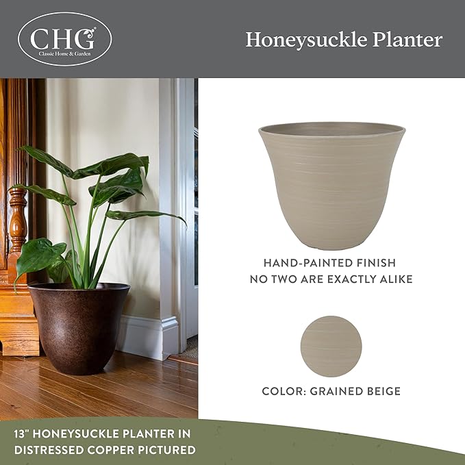 Classic Home and Garden Honeysuckle Resin Planters - Lightweight Indoor & Outdoor Plant Pots - UV-Resistant Plastic Flower Pots - Pot Planters for Flowers & Herbs (15" Grained Beige)