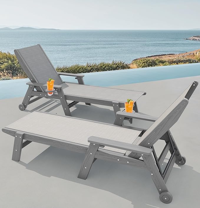 SERWALL Textilene Patio Chaise Lounge Chair Set of 2, 5 Positions Outdoor Lounger with Rolling Wheels for Pool, Deck, Grey