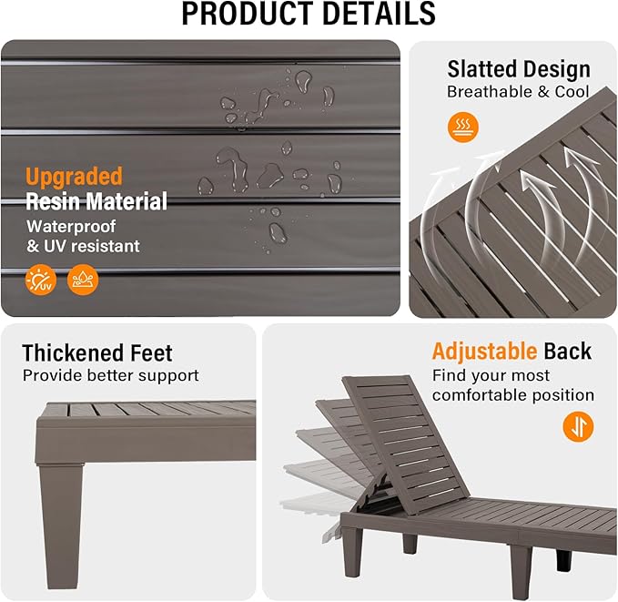 VINGLI Outdoor Chaise Lounge Chair for Outside Pool Patio, Adjustable Waterproof Easy Assembly Chaise Lounge Outdoor (Light Taupe, 1 PCS)