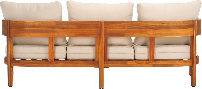 SAFAVIEH Outdoor Collection Theo Natural Teak Solid Wood/Taupe Cushion 3-Seater Sofa