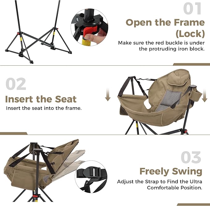 Ainfox Hammock Camping Chair, Foldable Portable Rocking Chairs for Adults Outside Swinging Camp with Cup Holder Pillow for Outdoor Patio Poolside (Brown)