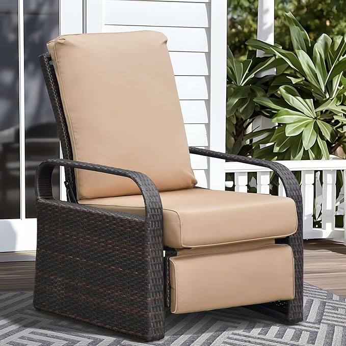 ATR ART TO REAL Outdoor Recliner, Outdoor Wicker Recliner Chair with 5.12'' Cushions, Automatic Adjustable Patio Chaise Lounge Chairs, Aluminum Frame. UV Protected and Rustless (Khaki)