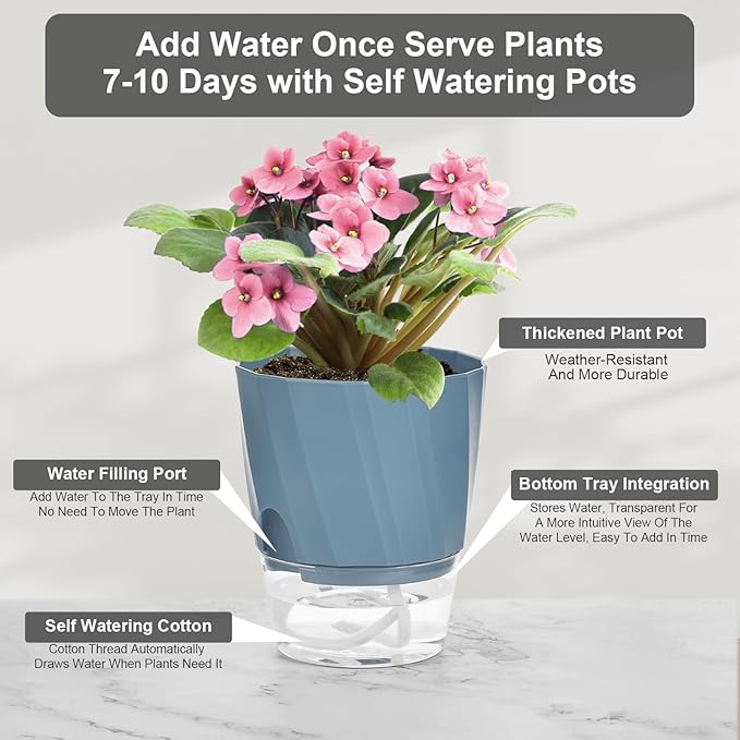 KIMCHOMERSE Self Watering Plant Pots, 4.7 Inch Plant Pots 6-Pack Indoor Planter Pots with Drainage Holes and Tray for Home Decor（2White, 2Pink, 2Blue）