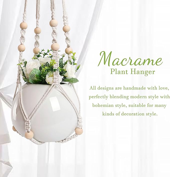 3 PCS Macrame Plant Hanger Indoor Hanging Planter Basket with Wood Beads Plants Holder Decorative Flower Pot Holder (POTS NOT Included) (Ivory White)