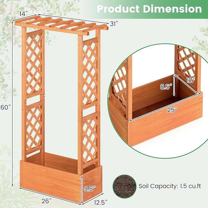 Giantex Raised Garden Bed with 2-Sided Trellis & Hanging Roof, Fir Wood Planter Box w/Drainage Holes, Bottom Gaps, Freestanding Garden Planter for Flowers Herbs Climbing Vines (31" x 12.5" x 60")