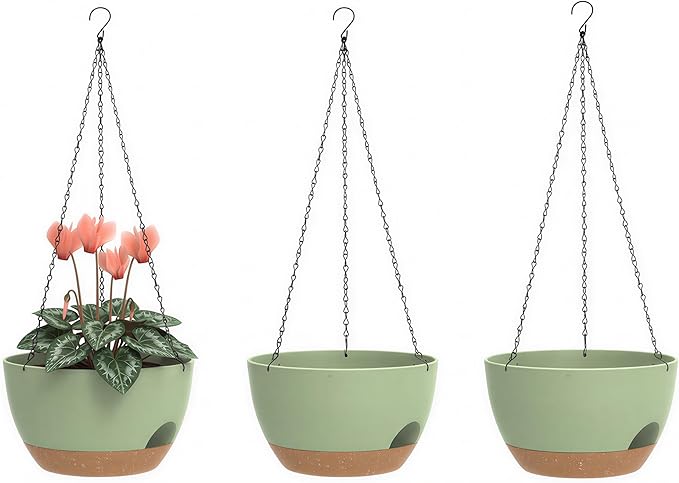 Hanging Planters 3-Pack, 8 Inch Self-Watering Hanging Pots with Drainage Hole and Chains, Plastic Planters for Indoor Outdoor（Green Brown）
