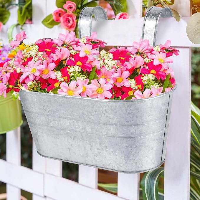 OBTANIM 4 Pack Metal Hanging Flower Pots Iron Railing Planter Outdoor Fence Hanging Pots Bucket Plant Holder with Detachable Hooks Drain Holes for Home Garden Yard Decor (Silvery)