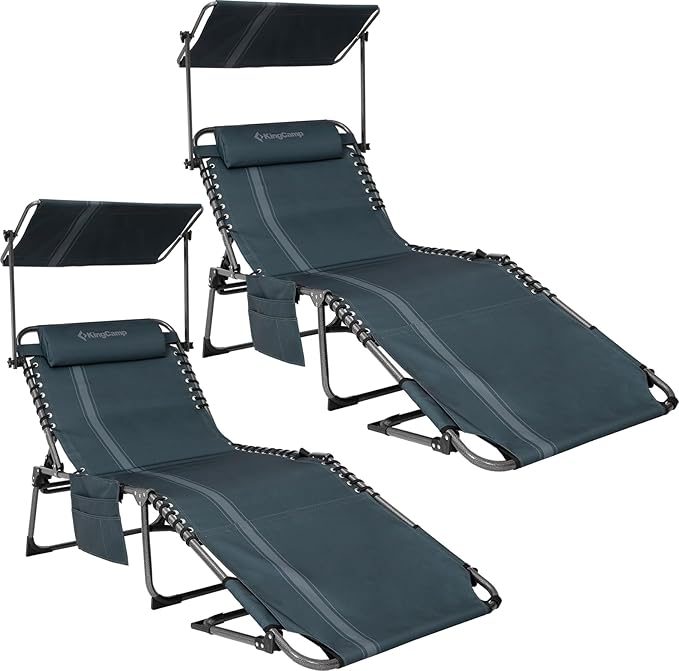 KingCamp 2 Pack Tanning Chair with Face Hole, Lounge Chairs Outdoor Folding Comfy Adjustable 5-Position Chaise Chaser with Canopy Shade for Outside Beach Patio, Blue/Grey