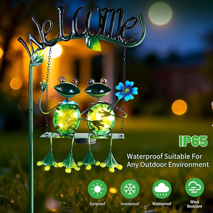 HONGLAND Solar Lights Outdoor Waterproof, Frog Swing Garden Decor, Frog Decorative Stake with Welcome Sign Landscape Patio Yard Gifts for Women Mom (48 inch)