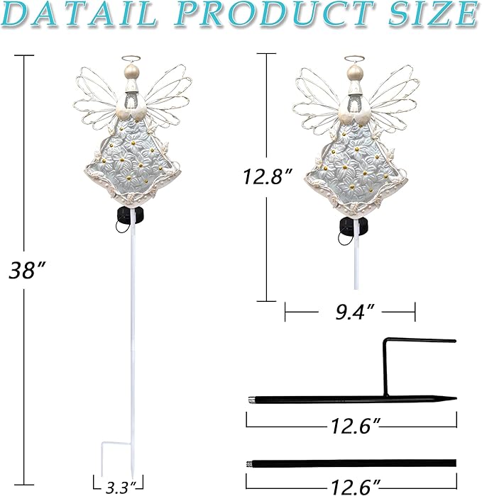 38Inch Angel Solar Lights Outdoor Decorative-Metal&Glass Angel Hydrangea Flower Garden Stake Lawn Light- Waterproof 30 Warm White LED for Remembrance Gifts & Grave Decorations (White)
