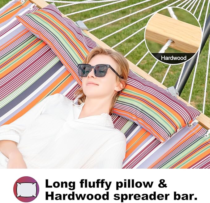 2 Person 12FT Hammocks for Outside, Double Quilted Fabric Outdoor Hammock with Spreader Bar, Large Removable Pillow, Storage Pockets, Carabiners, Max 475 lbs Capacity (Sunset Red Stripe)
