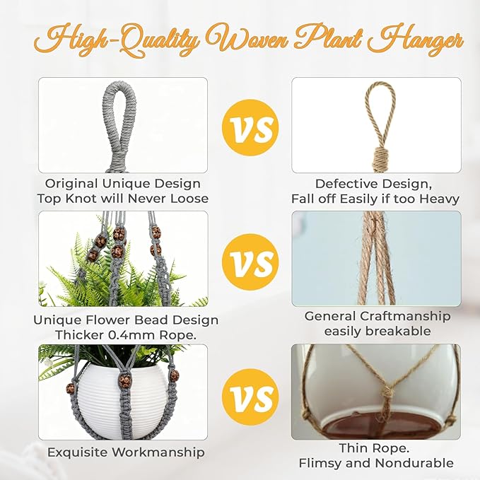 35 Inch Macrame Plant Hanger, Large for up to 15 Inch Pot Extra Long Hanging Planter Holder Basket with Wood Beads for Indoor Outdoor Home Decor (Grey, 1-Pack)
