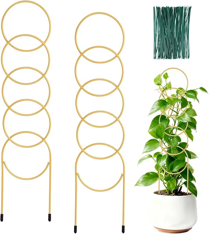17.5 Inch Plant Trellis Indoor for Climbing Plants,Metal Small Garden Trellis for Potted Plants,Plant Stakes for Indoor Plants Accessories Hoya,Flower,Plant Support,Plant Gifts Gold 2PCS