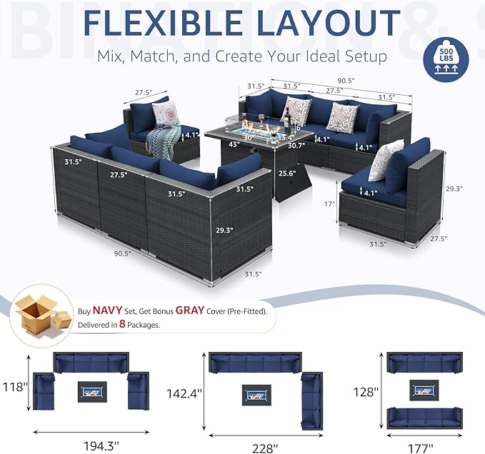 NICESOUL 9 Piece Large Outdoor Patio Furniture Set with Fire Pit Table Gas/Propane, 29.3'' High Back Rattan Modular Sectional Sofa, Extra Wide Conversations for Backyard, 2 Color Cushion Navy & Gray