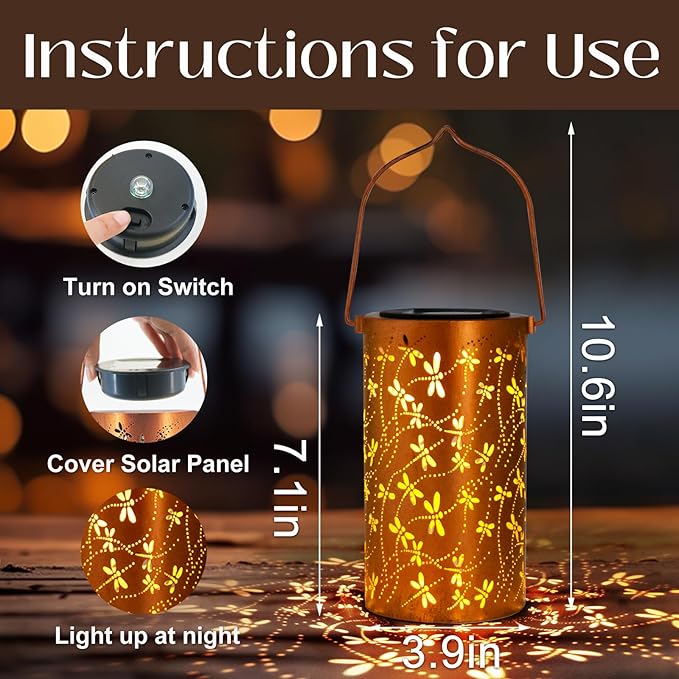 Birthday Gifts for Women Mom Grandma Ladies Solar Lanterns Outdoor Hanging Dragonfly Hollowed-Out Metal Waterproof LED Garden Decor Outside for Patio Yard Porch