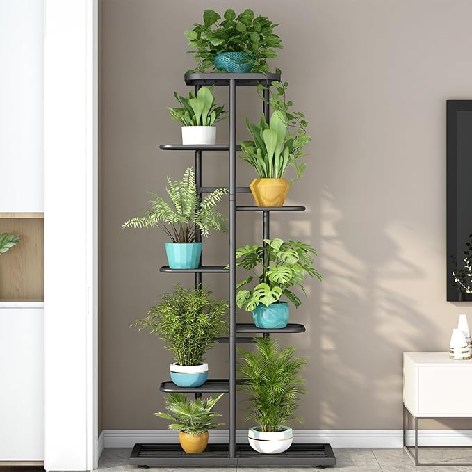 LINZINAR Plant Stand Metal 7 Tier 8 Potted Multiple Flower Pot Holder Shelf Indoor Outdoor Planter Display Shelving Unit for Patio Garden Corner Balcony Living Room, DarkGrey