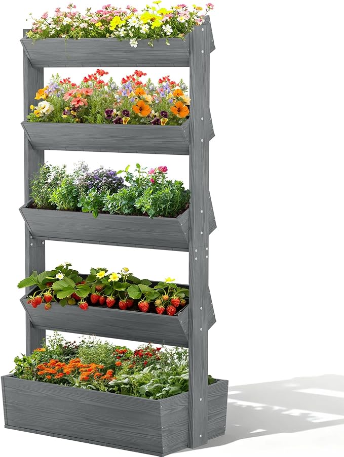 DoCred Vertical Wooden Raised Garden Bed, 5 Tier Upgraded Garden Planters Freestanding Wood Plant Stand Flower Rack Wooden Planter Box for Plants Herbs Flowers Vegetables Outdoor Indoor