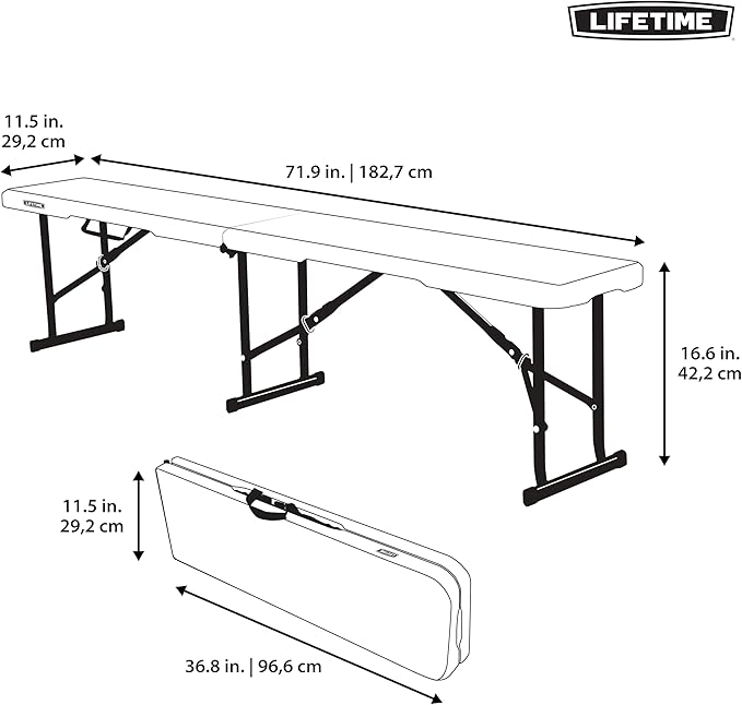 LIFETIME Portable Folding Bench, 6‑Foot Fold‑in‑Half, UV‑Resistant Seat, Powder‑Coated Steel Frame, Lightweight, Stain‑Resistant, Non‑Marring Foot Caps, Indoor/Outdoor Portable Seating