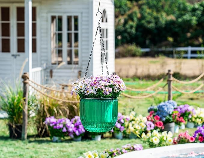 Melphoe 1 Pack Self Watering Hanging Planters Indoor Flower Pots, 8.3 Inch Outdoor Hanging Plant Pot Basket, Plant Hanger with 3Hooks Drainage Holes for Garden Home