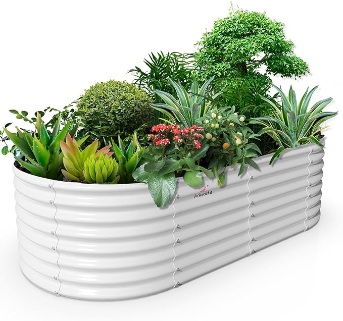 A ANLEOLIFE 8x4x2ft Galvanized Raised Garden Bed Kit, Oval Metal Deep Root Planters for Outdoor Plants Vegetables Flowers Herb, Large Bottomless, 478 Gallon Capacity- Antique White