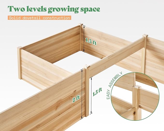 AMERLIFE Raised Garden Bed – 12x12x2 ft H-Shaped Wooden Planter Box, 180 Cu. Ft Capacity, Double-Layer Design for Outdoor Patio, Yard, and Garden Use