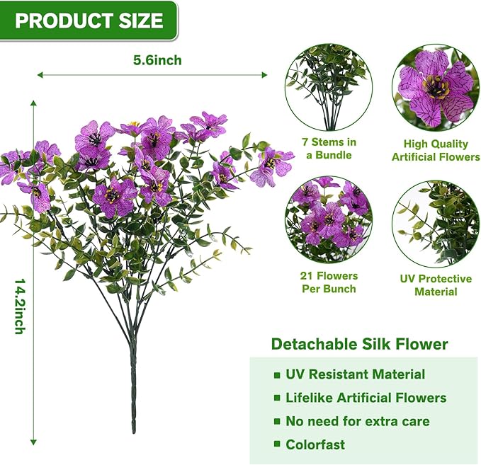 Artificial Flowers for Outdoor Indoor,Silk Flowers No Fade Fake Plastic Flowers Faux Plants for Outdoors Outside Front Porch Hanging Planter Window Box Garden Home Decoration,13 Pack(Purple)