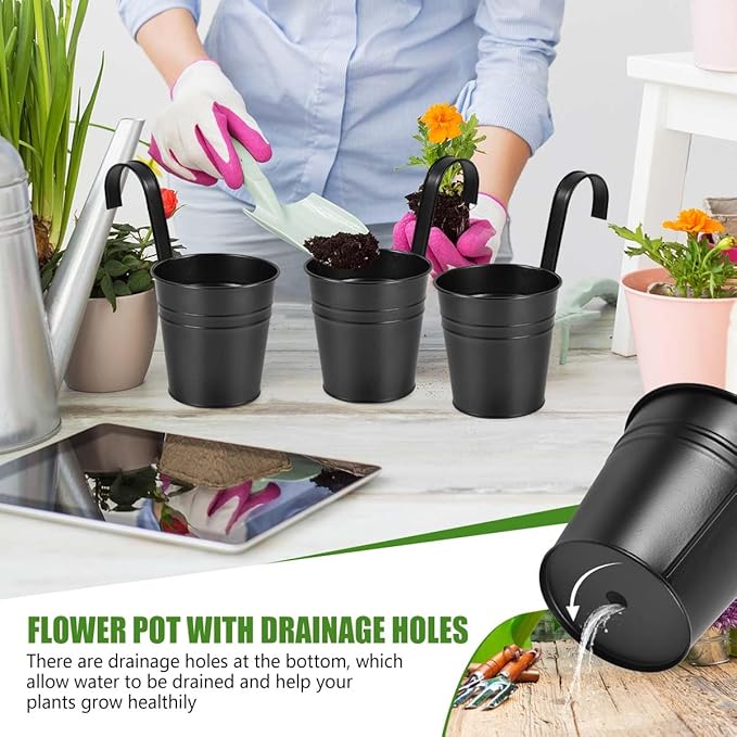 OBTANIM 12 Pack Metal Hanging Flower Pots Railing Planter Outdoor Fence Hanging Bucket Plant Holder with Detachable Hooks Drain Holes for Home Garden Yard Decor (Black, 4 x 4 Inch)