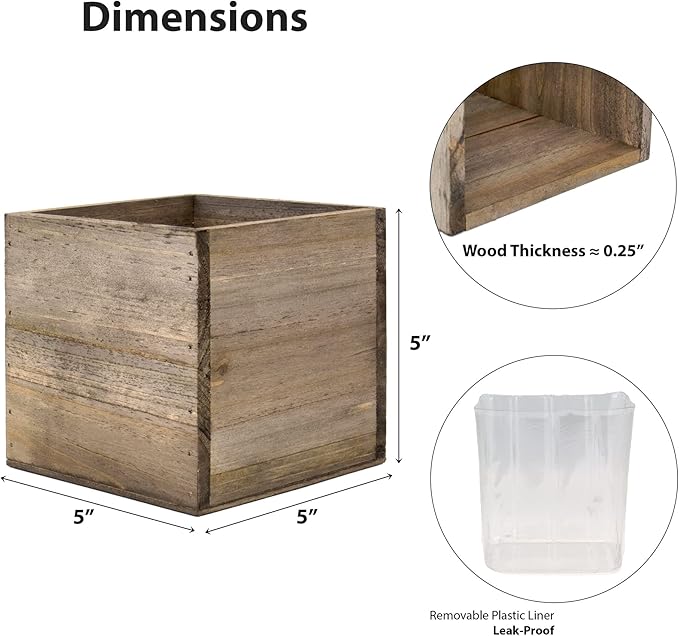 CYS EXCEL Cube Planter Box with Removable Plastic Liner (5"x5"x5")(4 PCS) | Multiple Size Choices Wood Square Planter | Indoor Decorative Window Box