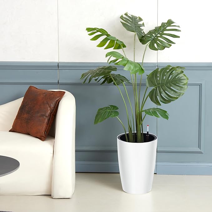 16 in Tall Planters Set of 2, Plant Pots, Self Watering Pots for Indoor Plants, Flower Pots with Built-in Drainage and Visual Water Level Design, for Patio, Porch, Living Room, or Home Office, White