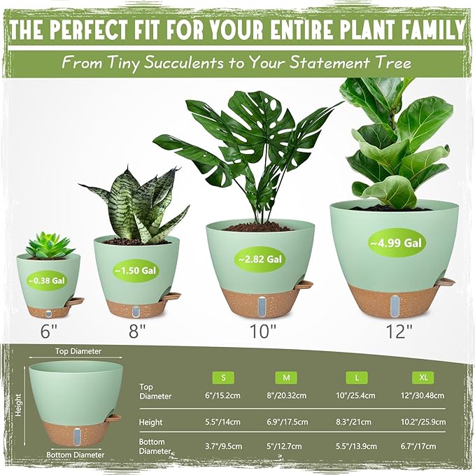 Self-Watering Pots for Indoor Plants 4 Pack, 6/8/10/12 Inch Outdoor Planters with Water Level Indicator&Deep Reservoir, Decorative Flower Pots for Indoor Plants,Home Decor (Green, 12+10+8+6 inch)