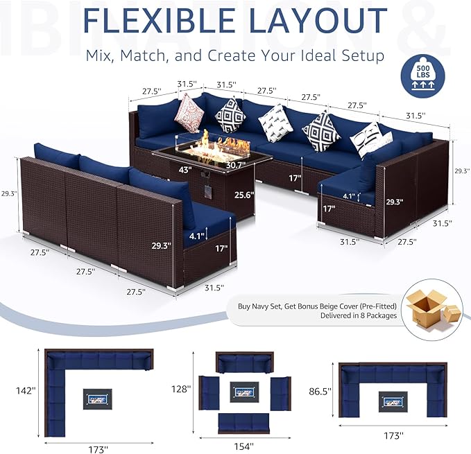 NICESOUL Modern Outdoor Patio Sectional Sofa Set with Firepit Natural Gas/Propane, 29.3'' High Back Wicker Conversation Set, 10 Seats Large Deep Seating Furniture, Brown Rattan and Navy Blue Cushion
