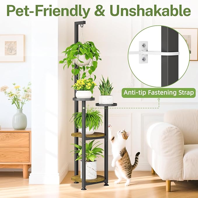 iDavosic.ly 4 Tier Hanging Plant Stand Indoor, Tall Vertical Corner Metal Flower Heavy Duty Pot Holder Shelf for Patio Porch Living Room, Modern Black & Rustic Brown - Round