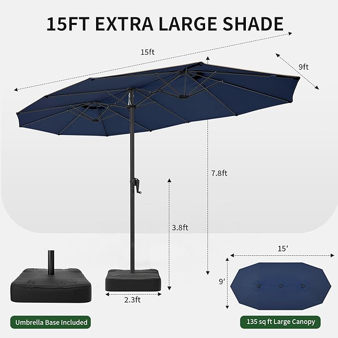 OLILAWN Patio Table Umbrella, 15ft Large Deck Umbrella with Base Included, Outdoor Double-Sided Rectangle Market Umbrella with Aluminium Crank, 12 Sturdy Ribs, for Deck Porch Garden,Dark Blue
