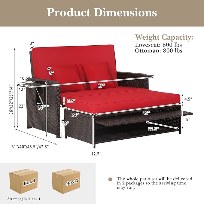 Tangkula Patio Rattan Daybed with 4-Level Adjustable Backrest, Outdoor PE Wicker Loveseat with Storage Ottoman & Folding Side Tray, Double Sunbed Lounger for Balcony, Backyard & Poolside, Red & Brown