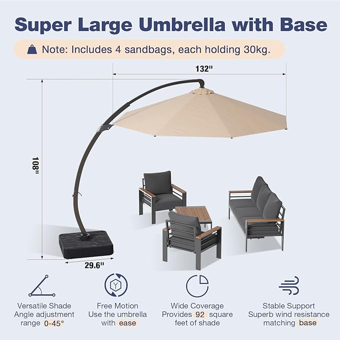 Aoxun Aluminum Patio Furniture Set with Umbrella 5 Seats, Oversized Outdoor Sectional with Washable Thick Cushions, Coffee Table and Waterproof Cover, Patio Conversation Sets for Porch, Balcony, Deck