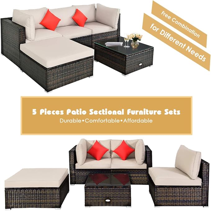 Tangkula 5 Pieces Patio Rattan Furniture Set, Outdoor Sectional Rattan Sofa Set with Back & Seat Cushions, Wicker Conversation Set with Tempered Glass Table for Backyard Porch Poolside (Brown)