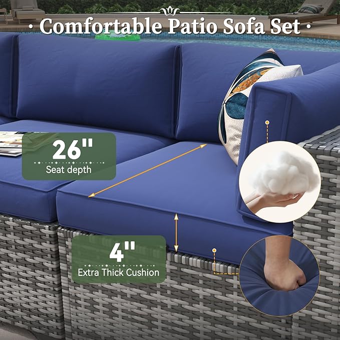 Aoxun 6 Piece Patio Furniture Set with Wide Armrests Wicker Rattan Outdoor Sectional Sofa Set with Coffee Table and Thickened Cushions, Grey/Blue(Waterproof Cover Included)
