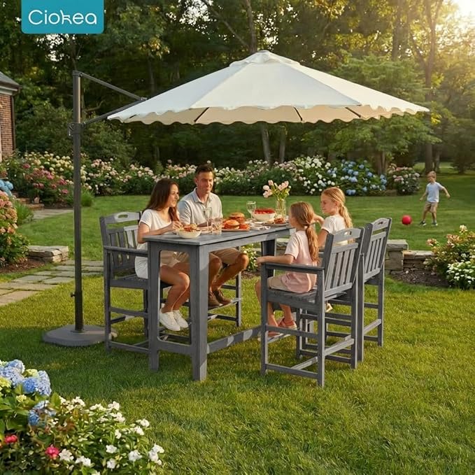 Ciokea 3 Pcs Outdoor Bar Height Table Set, 60" Extra Long Rectangle High Top Table and 2 Oversized Adirondack Chairs Set, Heavy-Duty All-Weather HDPE Patio Bar Set for Backyard Balcony Deck,Grey