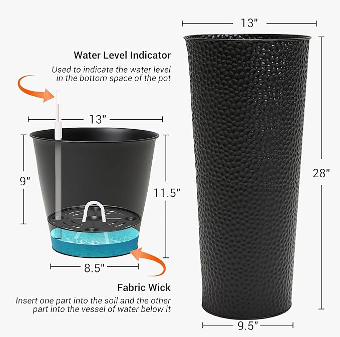 Worth 2 Pack 28" Tall Narrow Metal Planter with Inside Pot for Indoors or Outdoors, Deck, Patio or Front Porch, Hand-Hammered Texture, Black