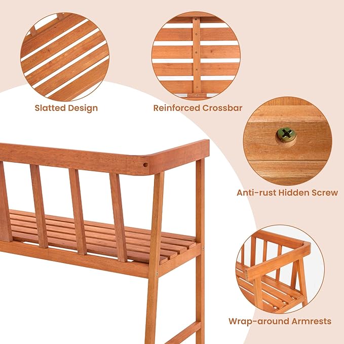 Tangkula Outdoor Eucalyptus Wood Bench, 2-Person Garden Bench with Backrest and Armrests, Garden Bench with Slatted Seat for Porch, Park, Backyard, 800 Lbs Max Load, 43” L x 18” W x 28” H, Natural