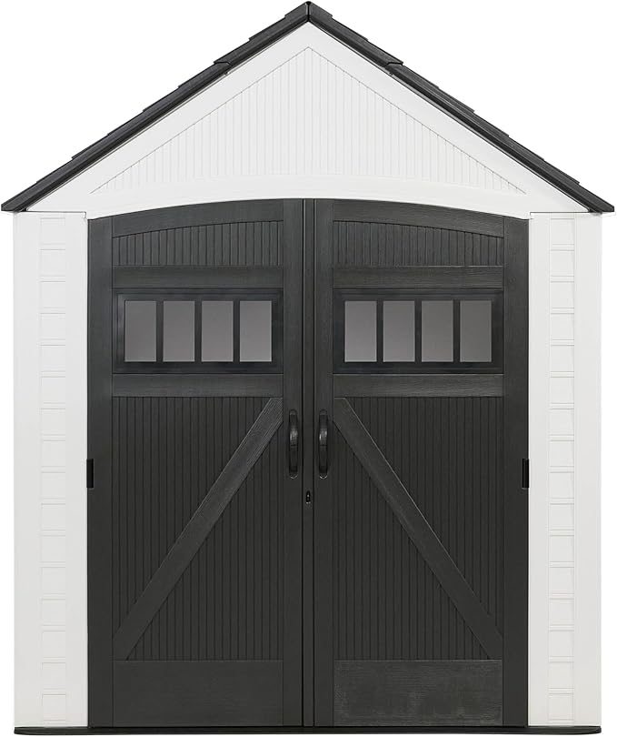 Rubbermaid Resin Outdoor Storage Shed With Floor (7 x 7 Ft) Weather Resistant, White, Organization for Home/Backyard/Garden Tools/Lawn Mower/Bike Storage/Pool Supplies