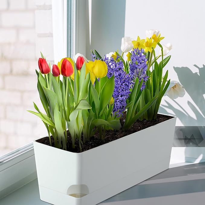 2 Pack Self Watering Pots for Indoor Plants 17 Inches Window Boxes Planters Rectangular Flower Pots Rectangle Herb Pots Large Plant Pots with Drainage Holes and Saucers Windowsill Planter, White